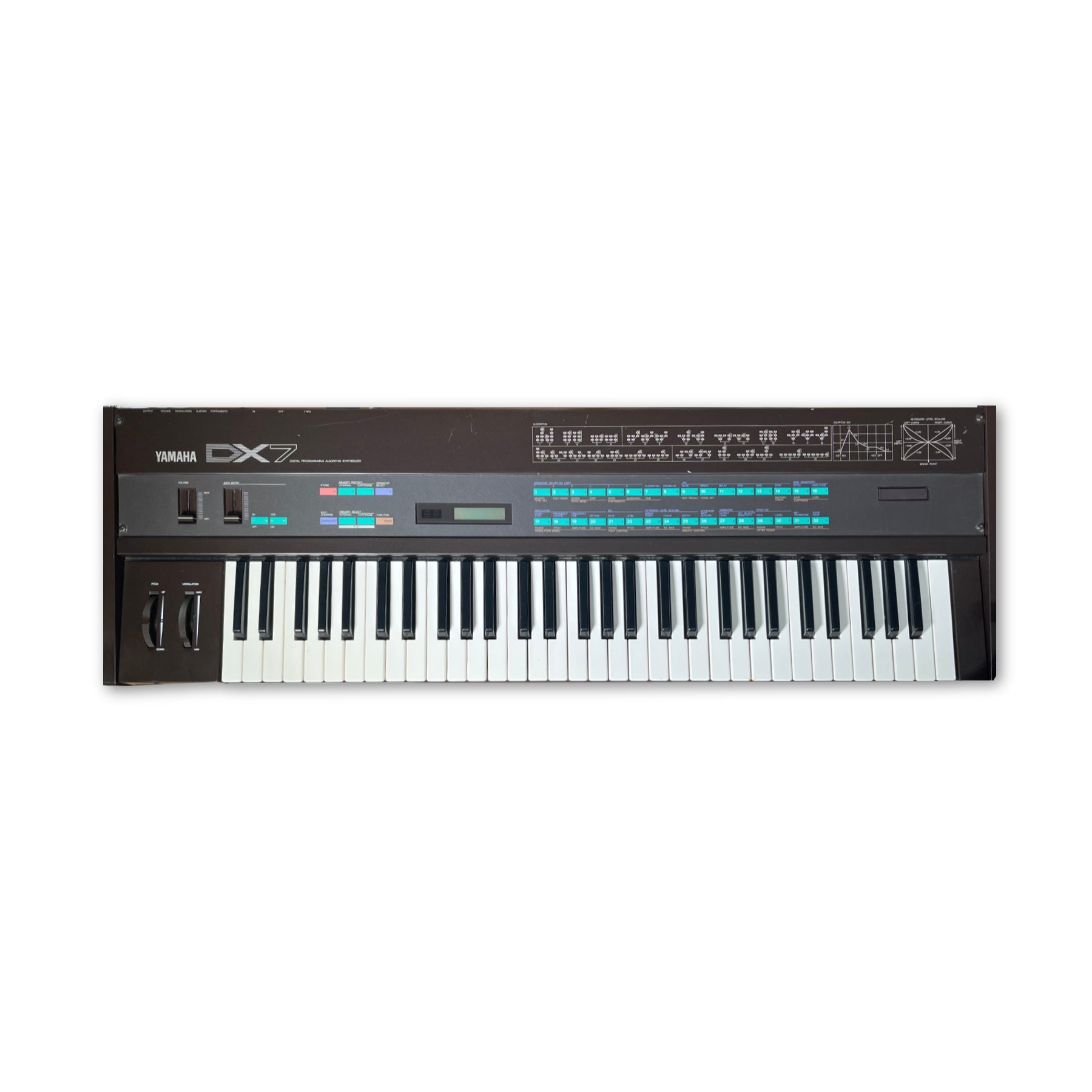 Black Yamaha DX7 digital programmable algorithmic synthesizer keyboard with sliders, buttons, and pitch and modulation wheels.