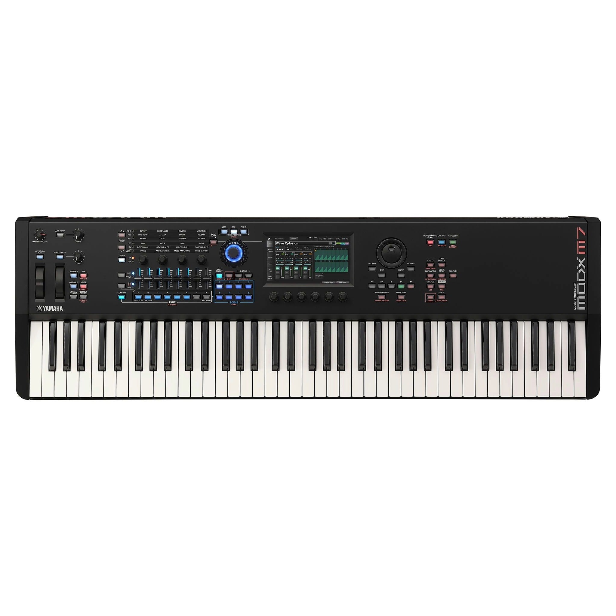 Black 76-key keyboard synthesizer with multiple controls, display screen, and Yamaha branding.