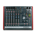 Top view of a black and red Allen & Heath audio mixer with various knobs, inputs, and meters.