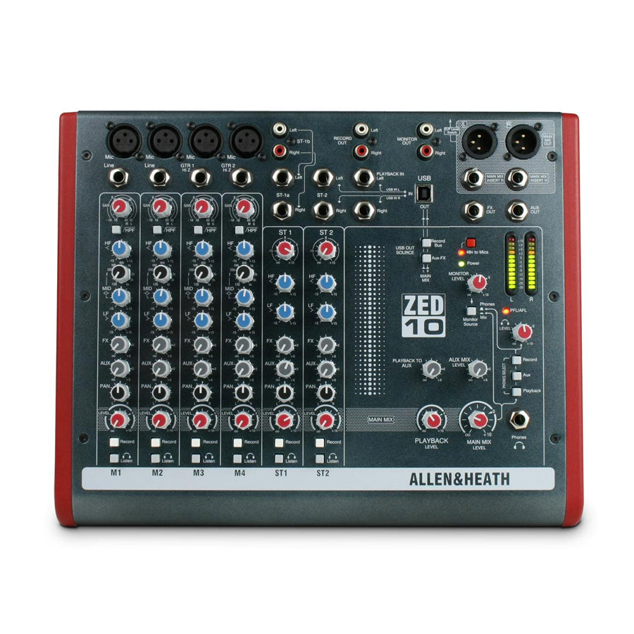 Top view of a black and red Allen & Heath audio mixer with various knobs, inputs, and meters.