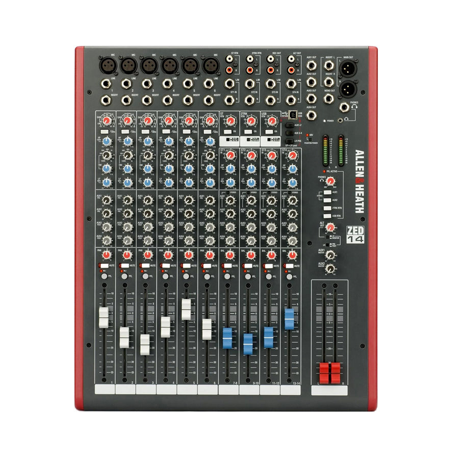 Top-down view of a multi-channel audio mixer with various input connectors, knobs, sliders, and LED level meters.