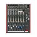 Top-down view of a multi-channel audio mixer with various input connectors, knobs, sliders, and LED level meters.