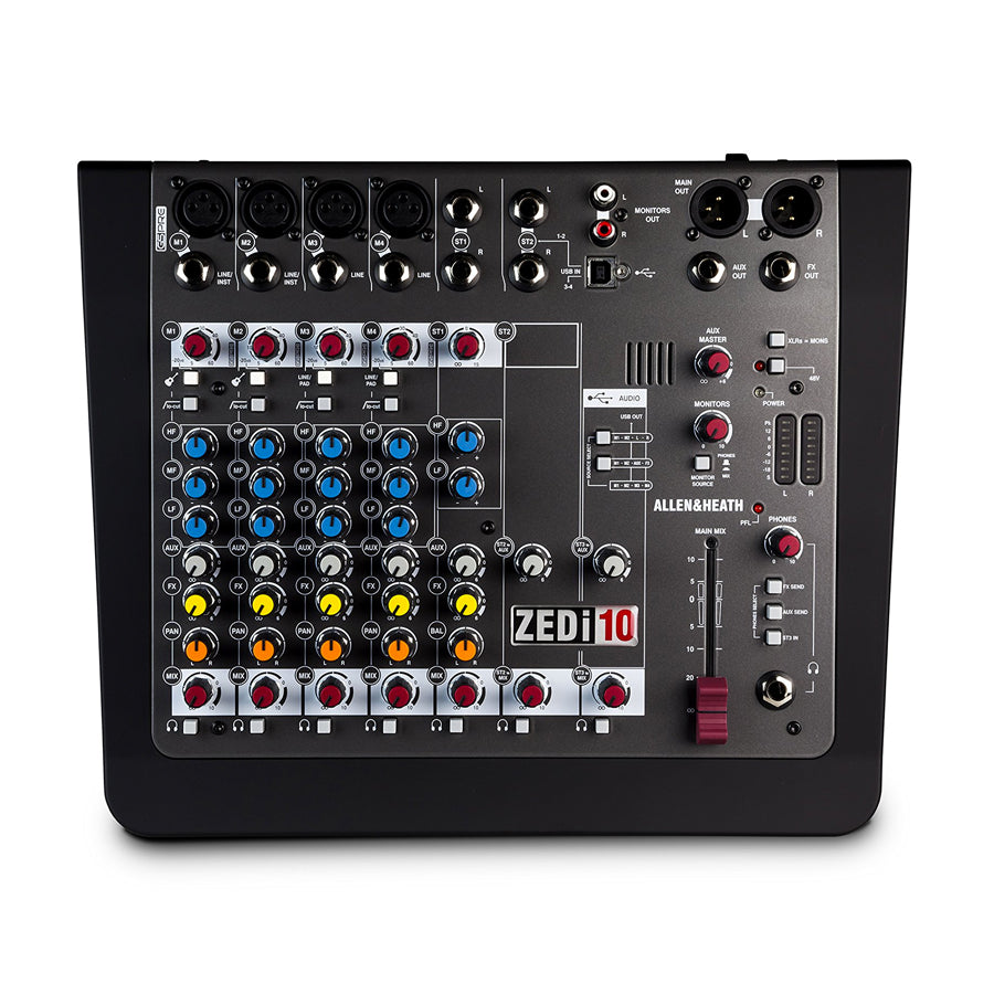 Top view of a black Allen & Heath audio mixer with multiple knobs, inputs, USB ports, and faders.