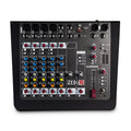 Top view of a black Allen & Heath audio mixer with multiple knobs, inputs, USB ports, and faders.