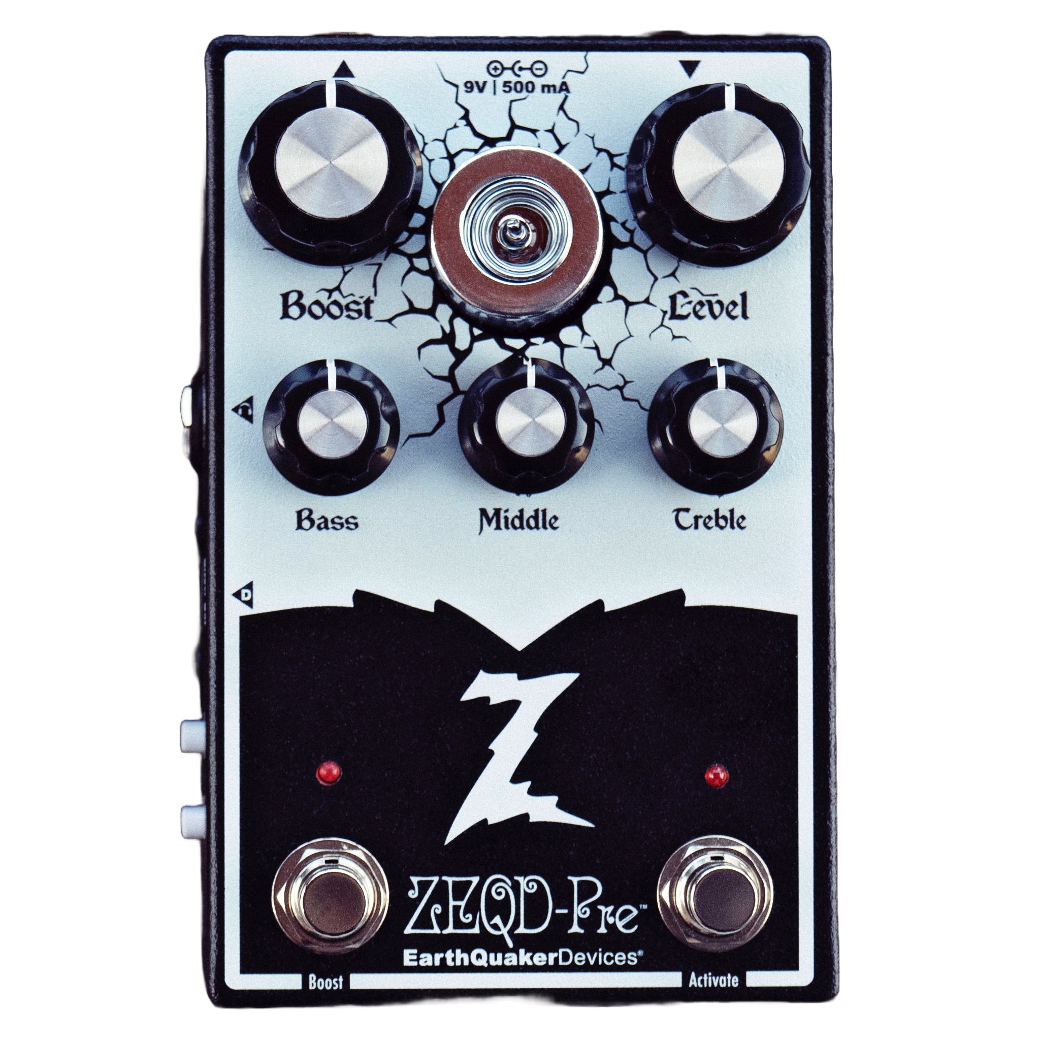 Black and white EarthQuaker Devices guitar pedal with knobs for Boost, Level, Bass, Middle, Treble, toggle switch, and two footswitches.