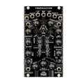 Black eurorack module with multiple knobs, patch jacks, sliders, and switches labeled for filtering and modulation controls.