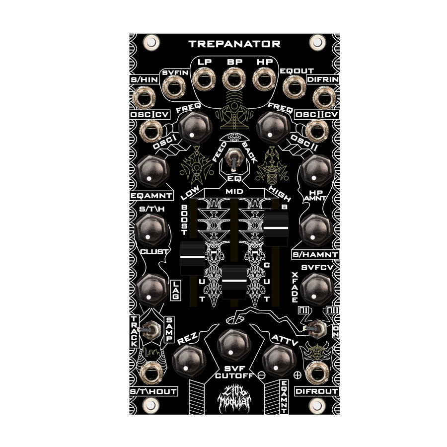 Black eurorack module with multiple knobs, patch jacks, sliders, and switches labeled for filtering and modulation controls.