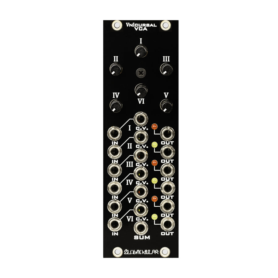Black eurorack module with six knobs and multiple input/output audio jacks labeled I to VI and SUM.