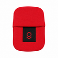 Red fabric pouch with a black rectangular patch featuring a red circle and downward arrow symbol.