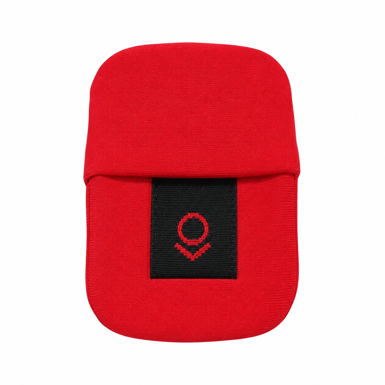 Red fabric pouch with a black rectangular patch featuring a red circle and downward arrow symbol.