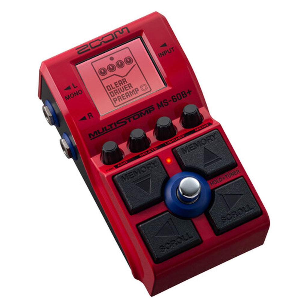 Red Zoom MS-60B+ multi-effects pedal with knobs, four footswitch buttons, and a small display showing 'CLEAR DRIVER PREAMP'.