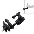 Black adjustable microphone stand mount clamp with mounting screw and knob.