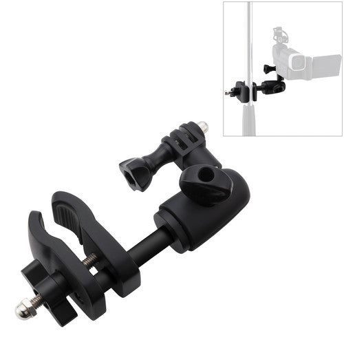 Black adjustable microphone stand mount clamp with mounting screw and knob.