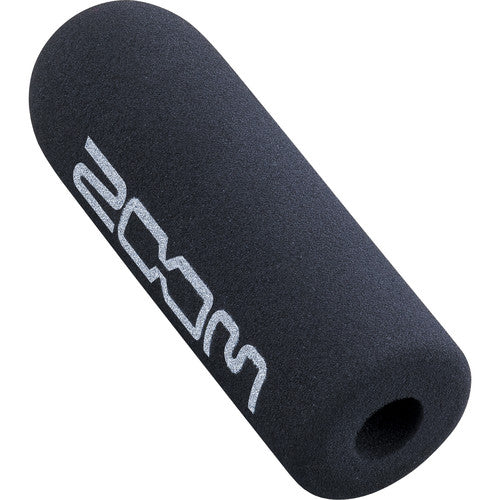 Black cylindrical foam windscreen with white zoom logo printed on the side.