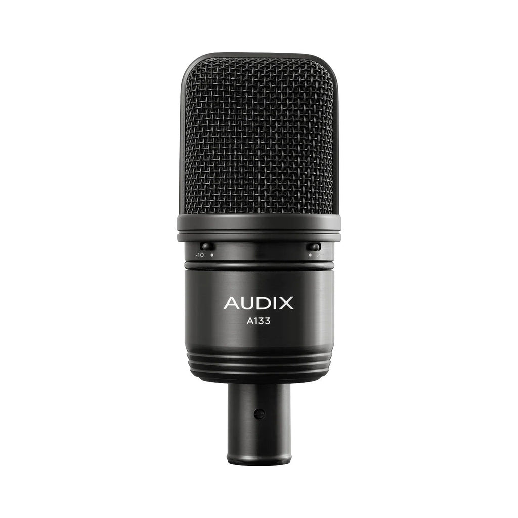 Black studio microphone with metal mesh grille and two small switches above the AUDIX A133 label.