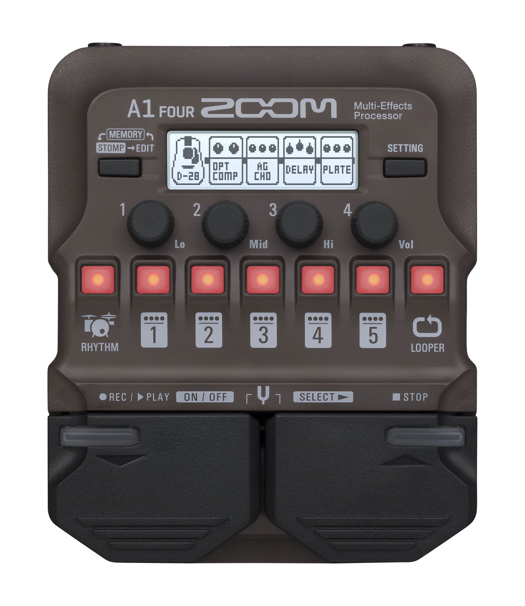 Top view of a ZOOM multi-effects processor pedal with knobs, buttons, an LCD screen, and two foot pedals.