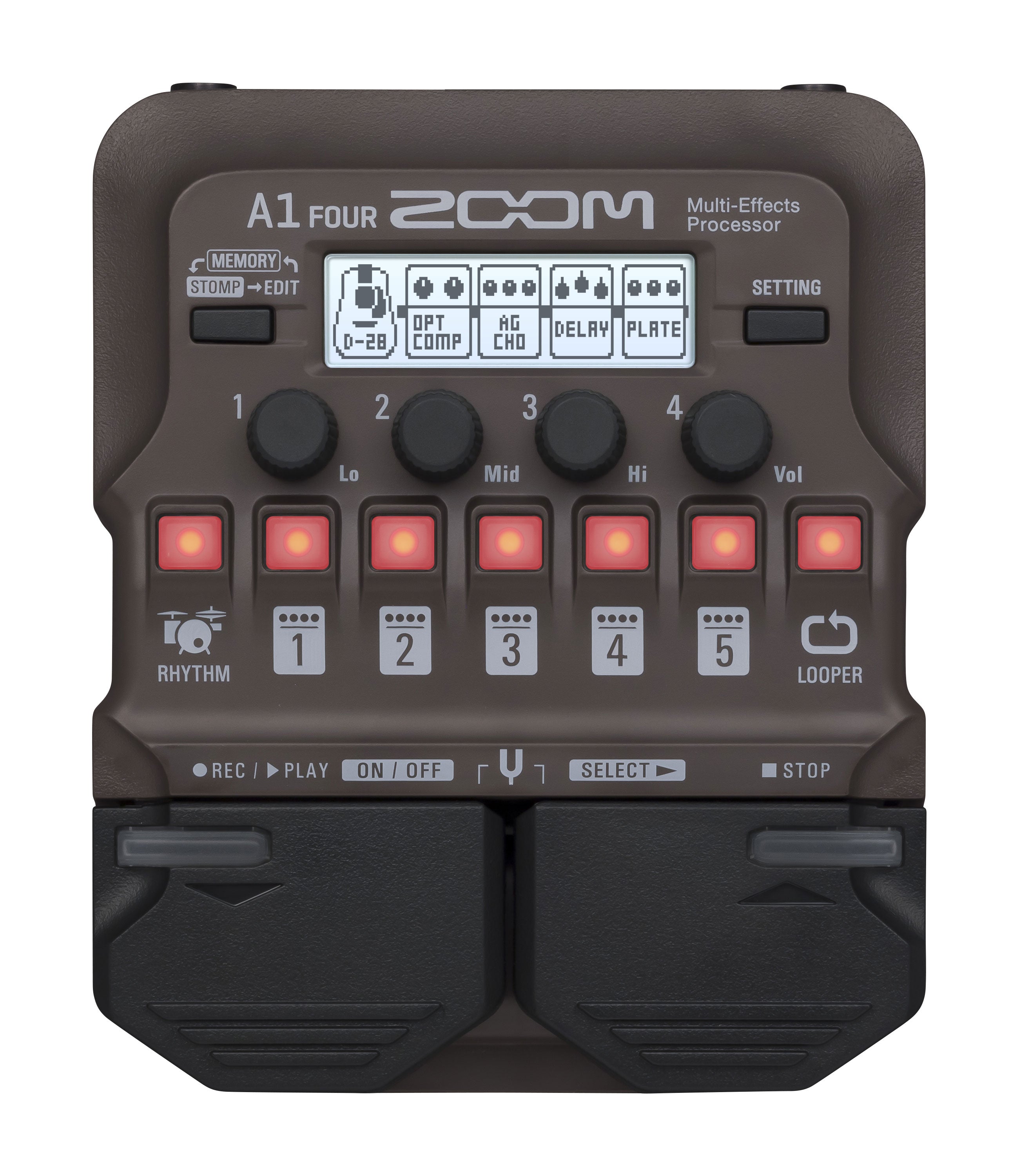 Top view of a ZOOM multi-effects processor pedal with knobs, buttons, an LCD screen, and two foot pedals.