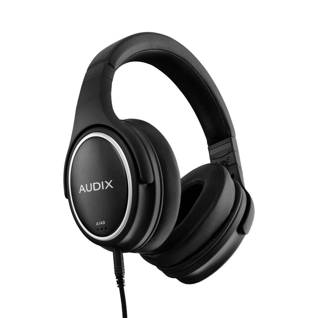 Black over-ear wired headphones with cushioned ear pads and headband labeled AUDIX A140.