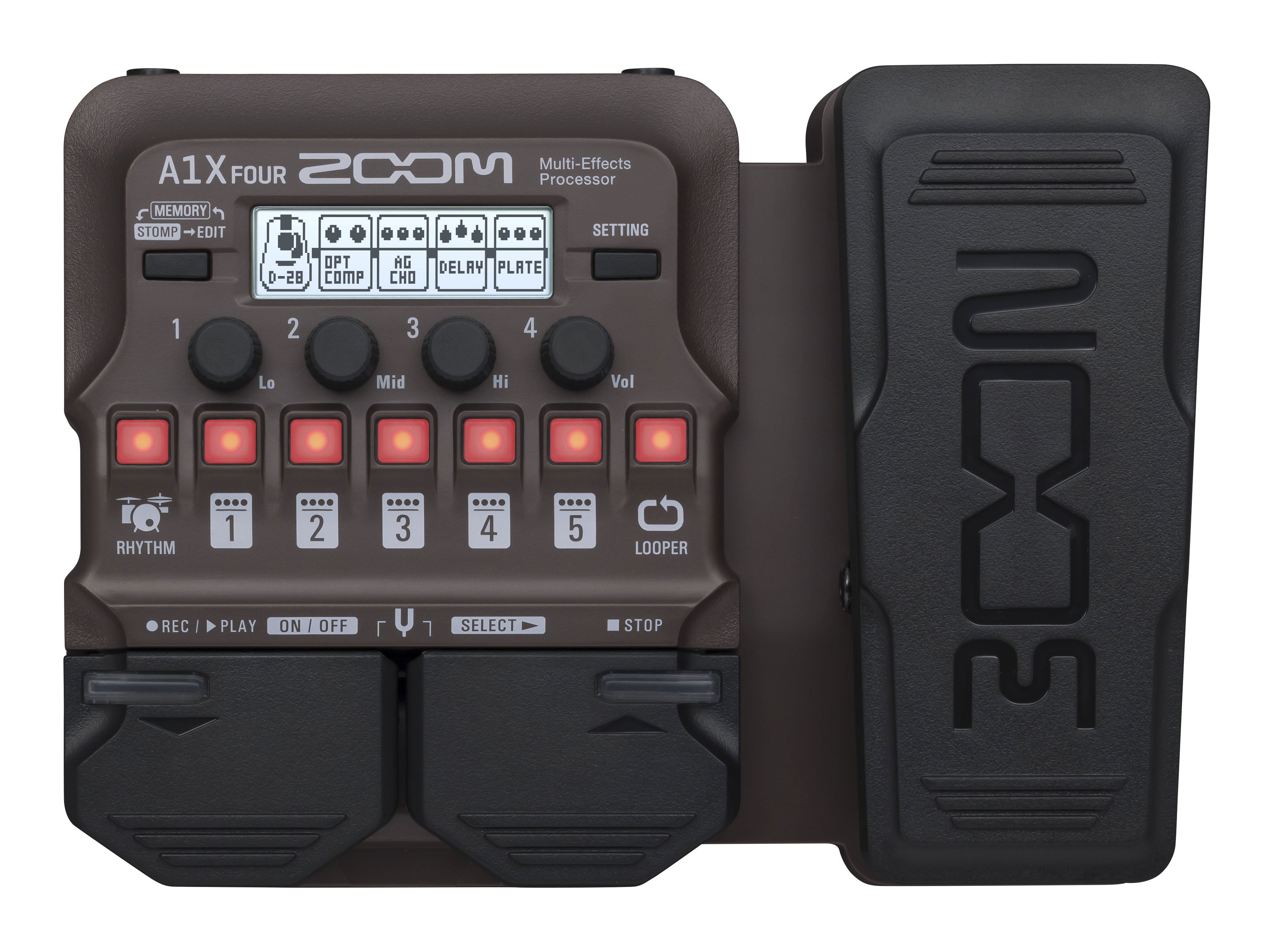Top view of a brown Zoom A1X Four multi-effects pedal with knobs, buttons, and expression pedal.
