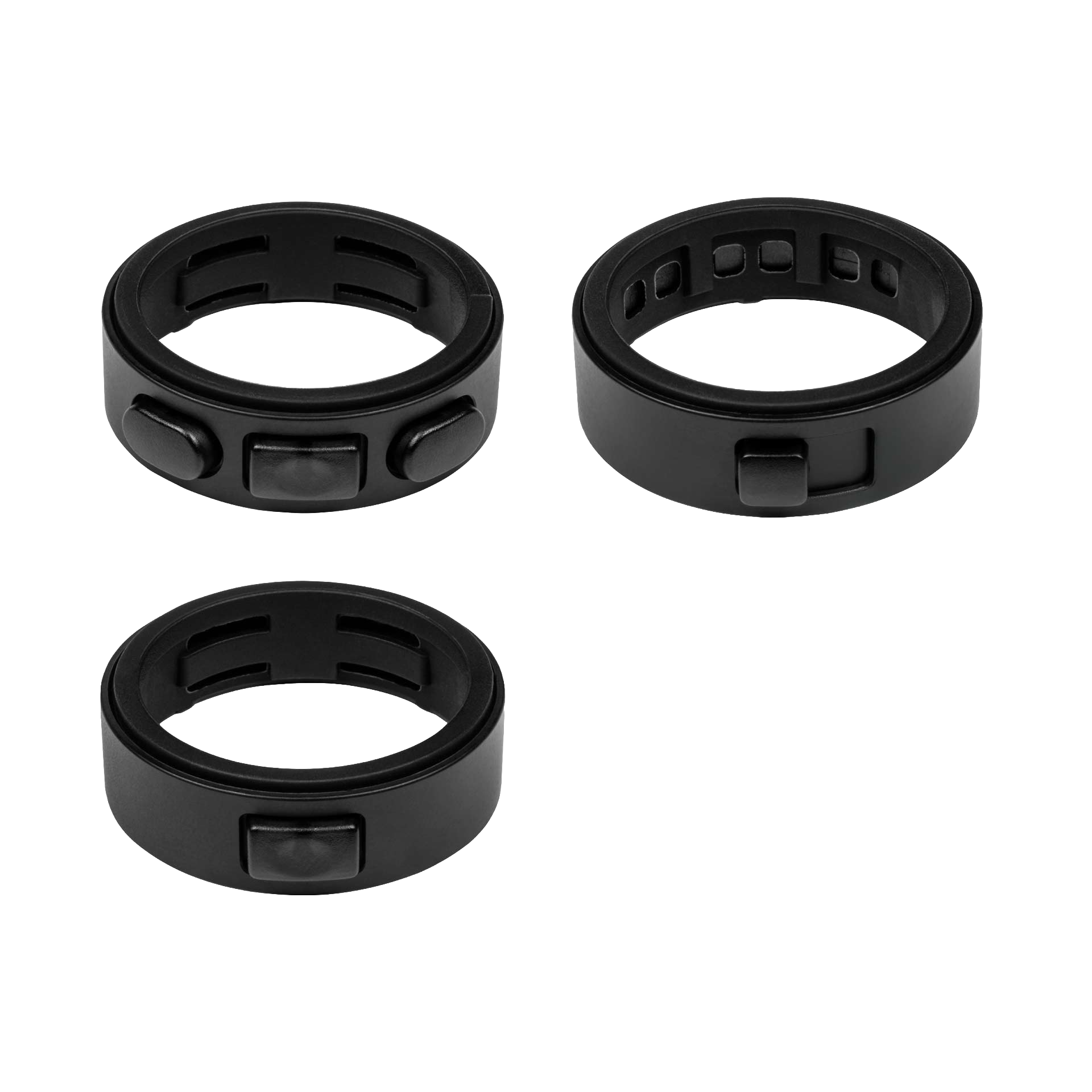 Three black circular rings with multiple buttons arranged in a triangular formation.