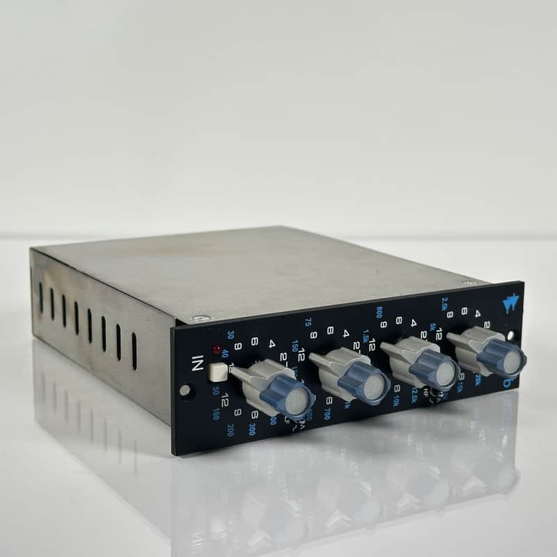 A black API 550b 500 Series equalizer module shown vertically, with four large round aluminum rotary knobs stacked down the center, concentric frequency and boost/cut markings around each knob, API branding and the "550b" label at the top, and an IN switch at the bottom.