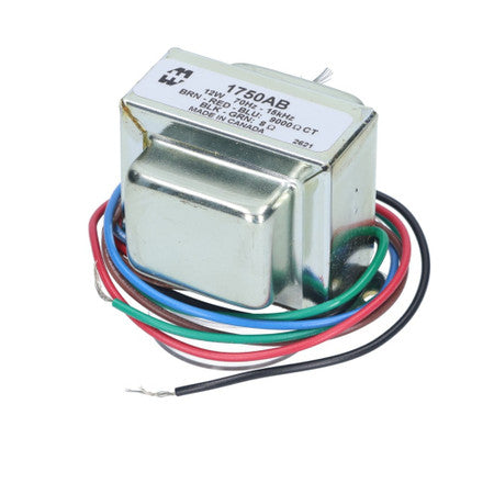 Metal output transformer with multiple colored wires and label featuring electrical specifications.