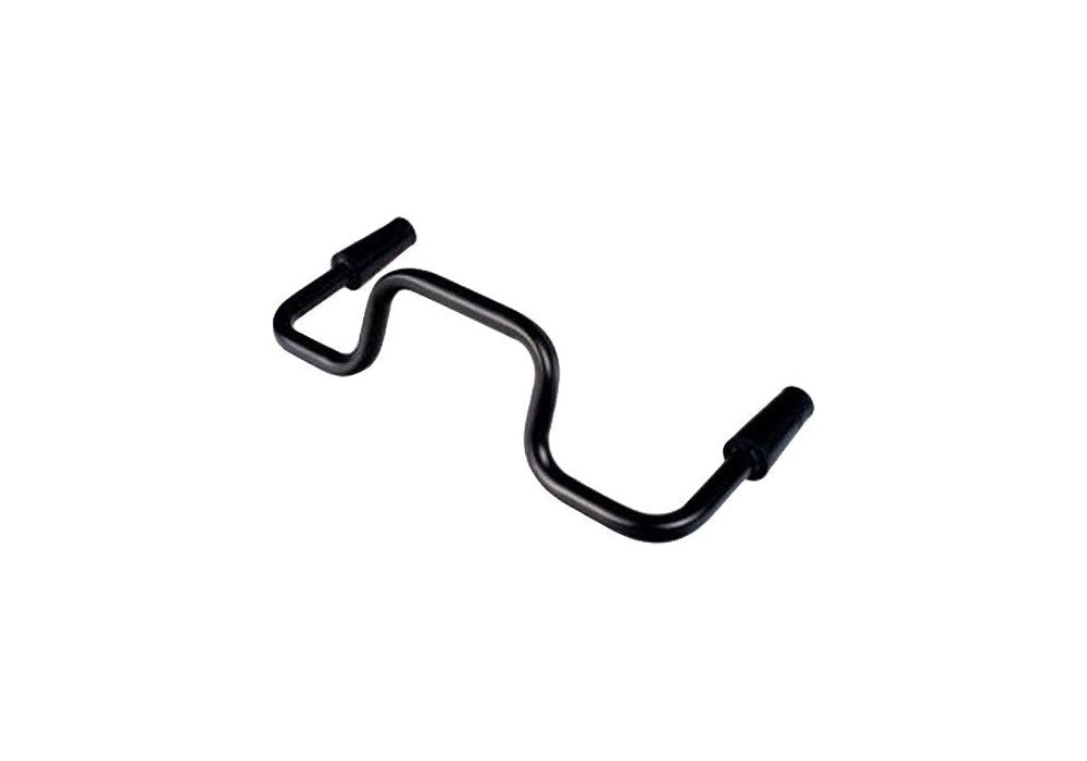 Black shaped handlebar with rubber grips on both ends shown on white background.