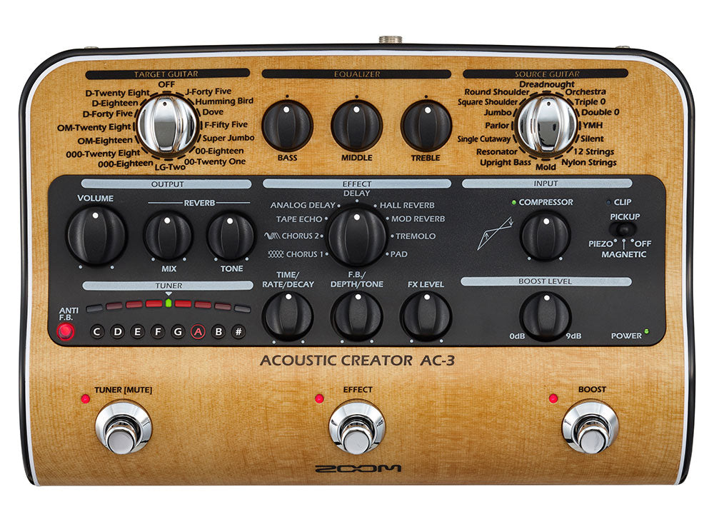 Zoom Acoustic Creator AC-3 effects pedal with wood grain finish and multiple knobs and switches for guitar settings.