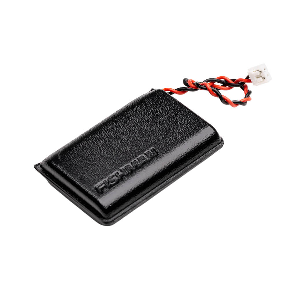 Black rectangular battery pack with twisted red and black wires ending in a white two-pin connector.