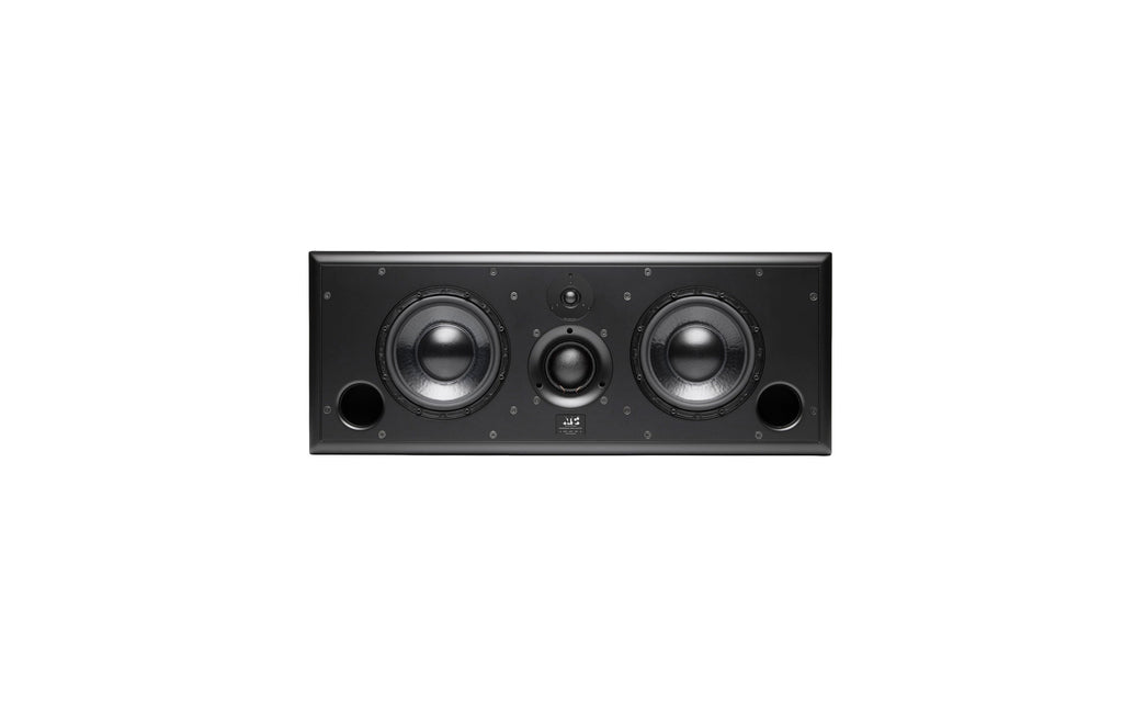 Black horizontal loudspeaker with dual round drivers, two circular ports, and two dome tweeters on the front panel.