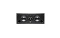 Black horizontal loudspeaker with dual round drivers, two circular ports, and two dome tweeters on the front panel.