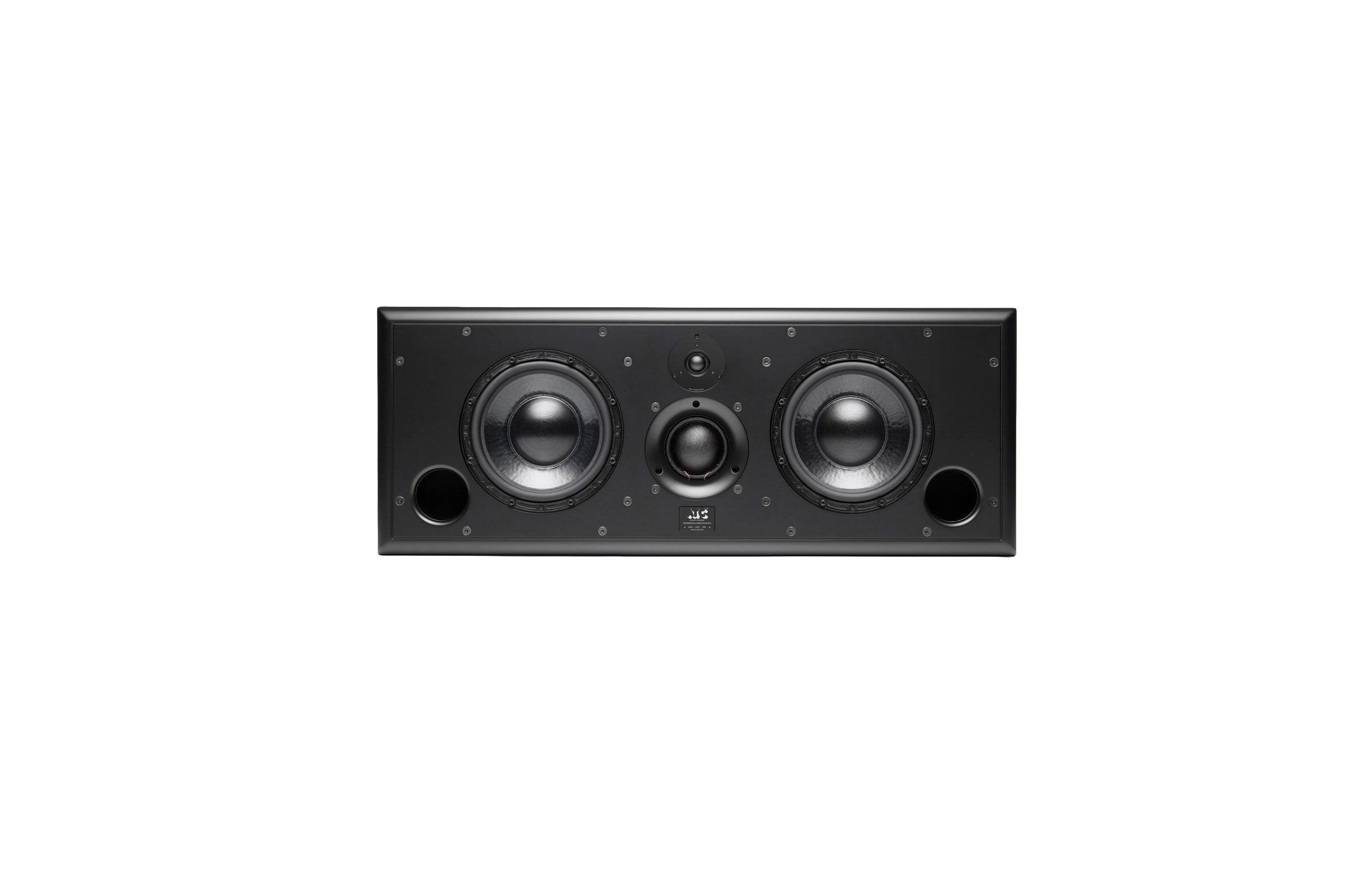 Black horizontal loudspeaker with dual round drivers, two circular ports, and two dome tweeters on the front panel.