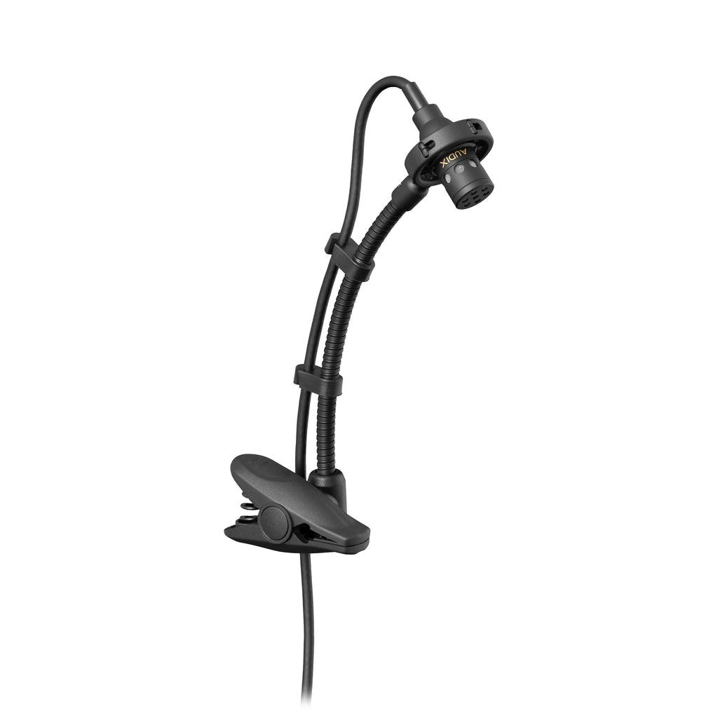 Black clip-on microphone with a flexible gooseneck and attached cable against a white background.