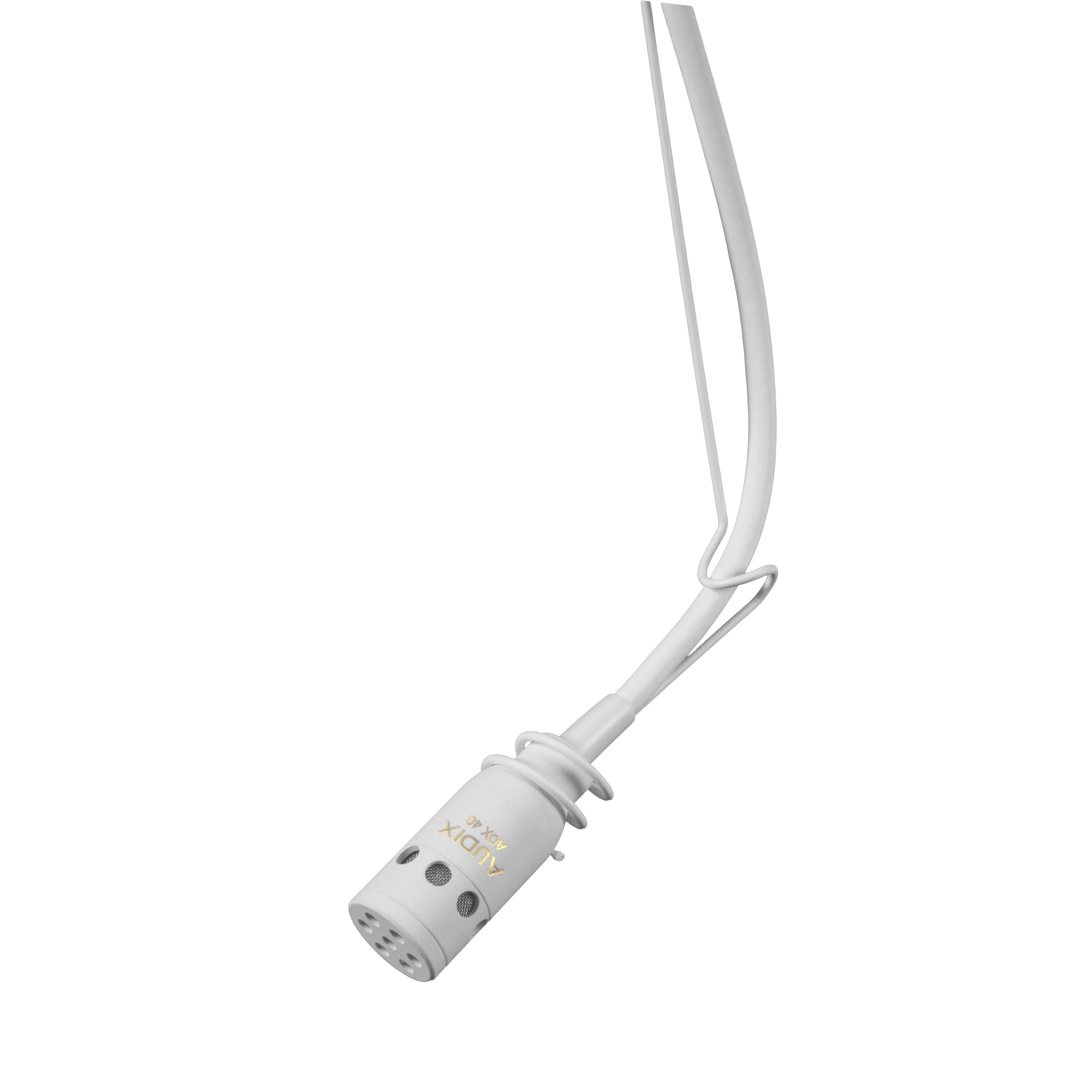 White miniature microphone capsule labeled AUDIX ADX 40 with attached white cable.
