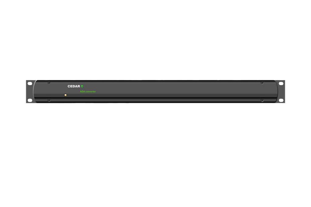 Front view of a black rackmount audio device labeled 'CEDAR ADA converter' with a single button.