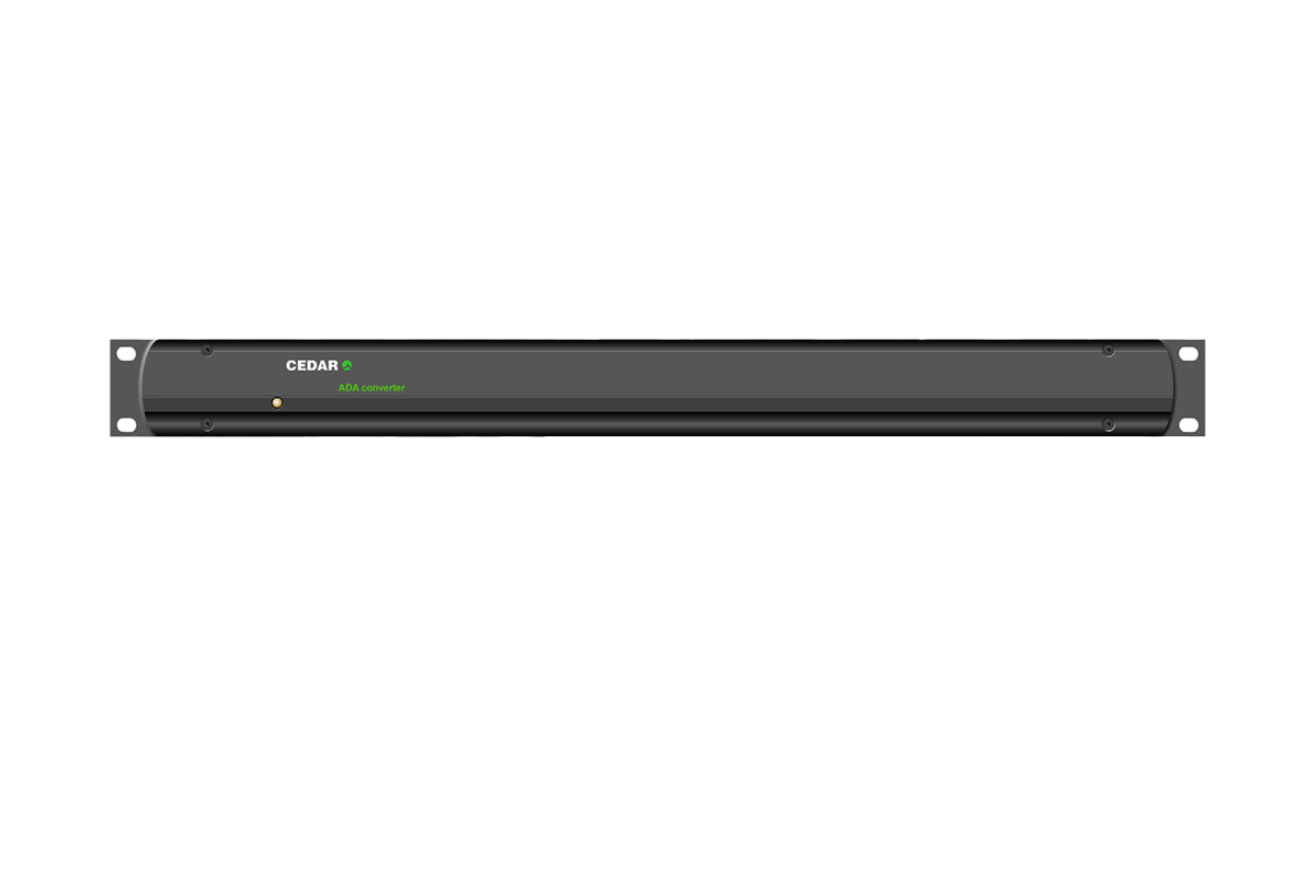 Front view of a black rackmount audio device labeled 'CEDAR ADA converter' with a single button.