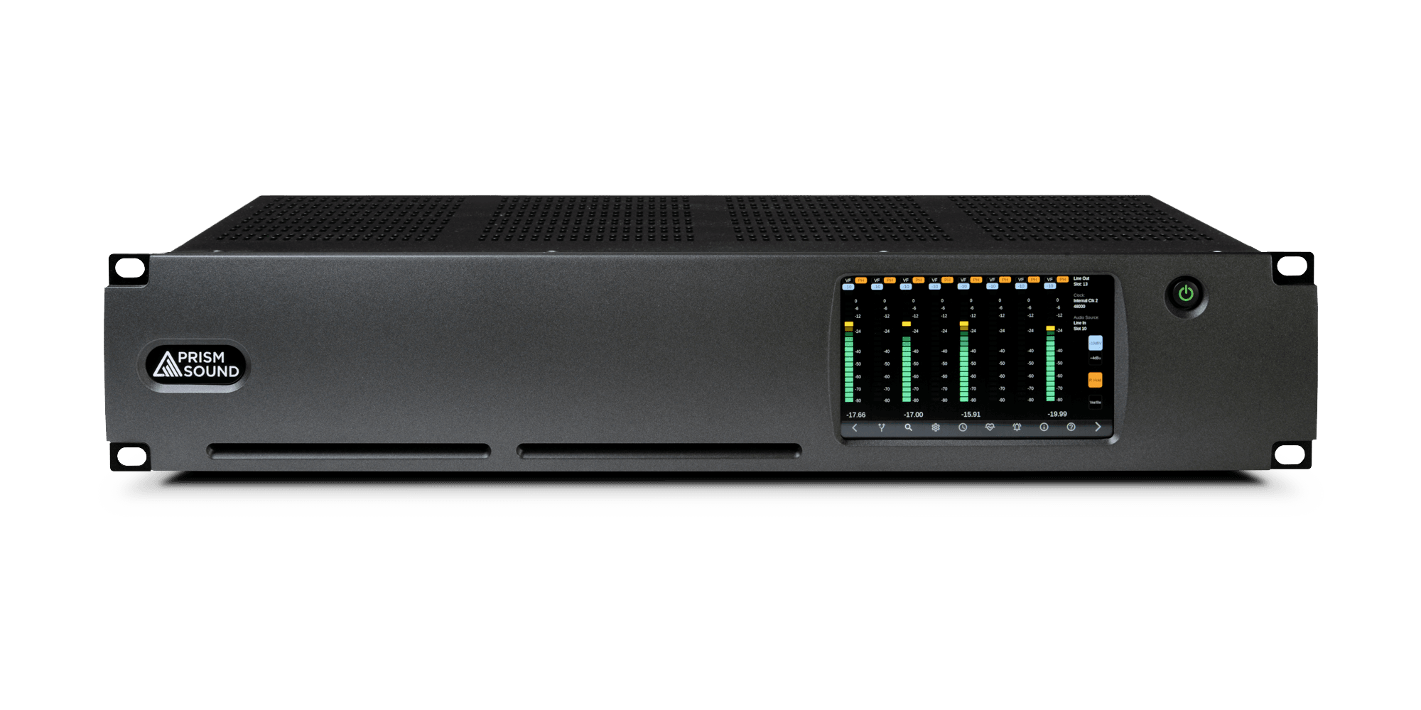 Black rackmount audio mainframe chassis with Prism Sound logo and a touchscreen display showing audio levels and settings.