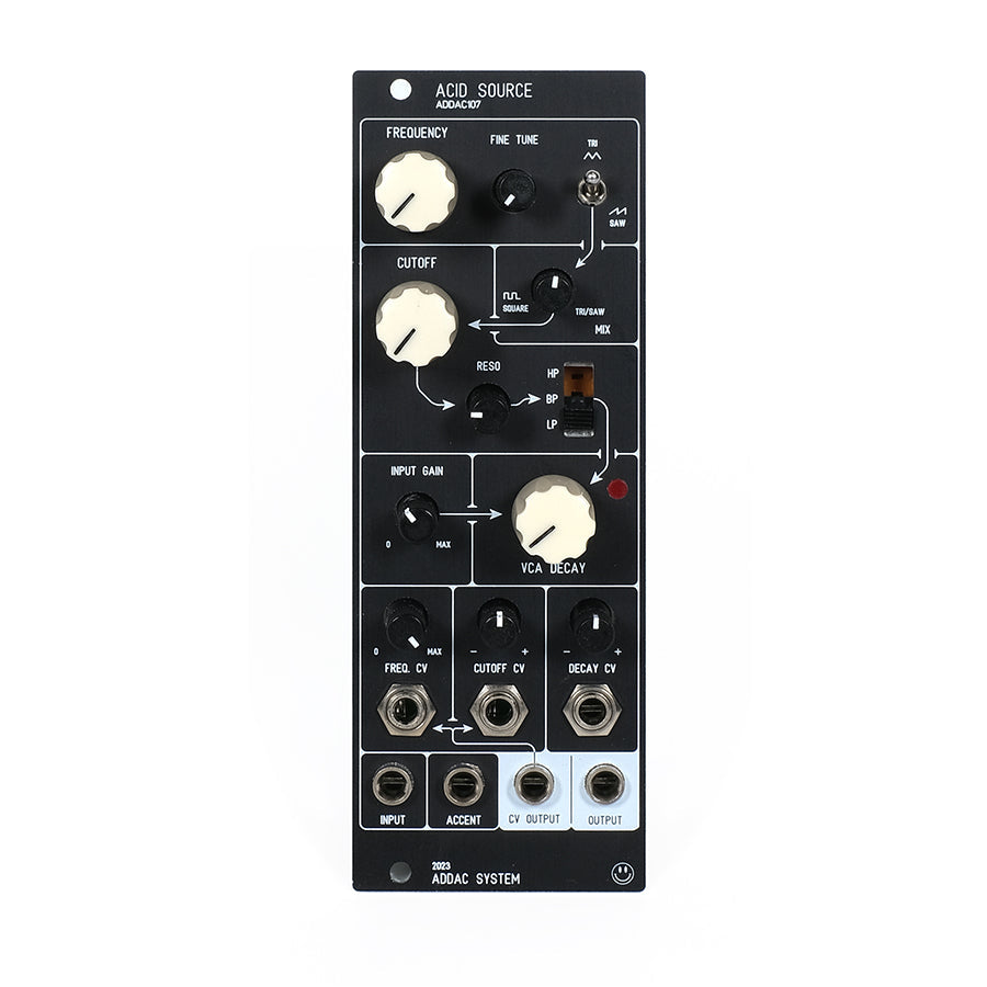 Black Eurorack module with knobs, switches, and 3.5mm jacks labeled Acid Source ADDAC107