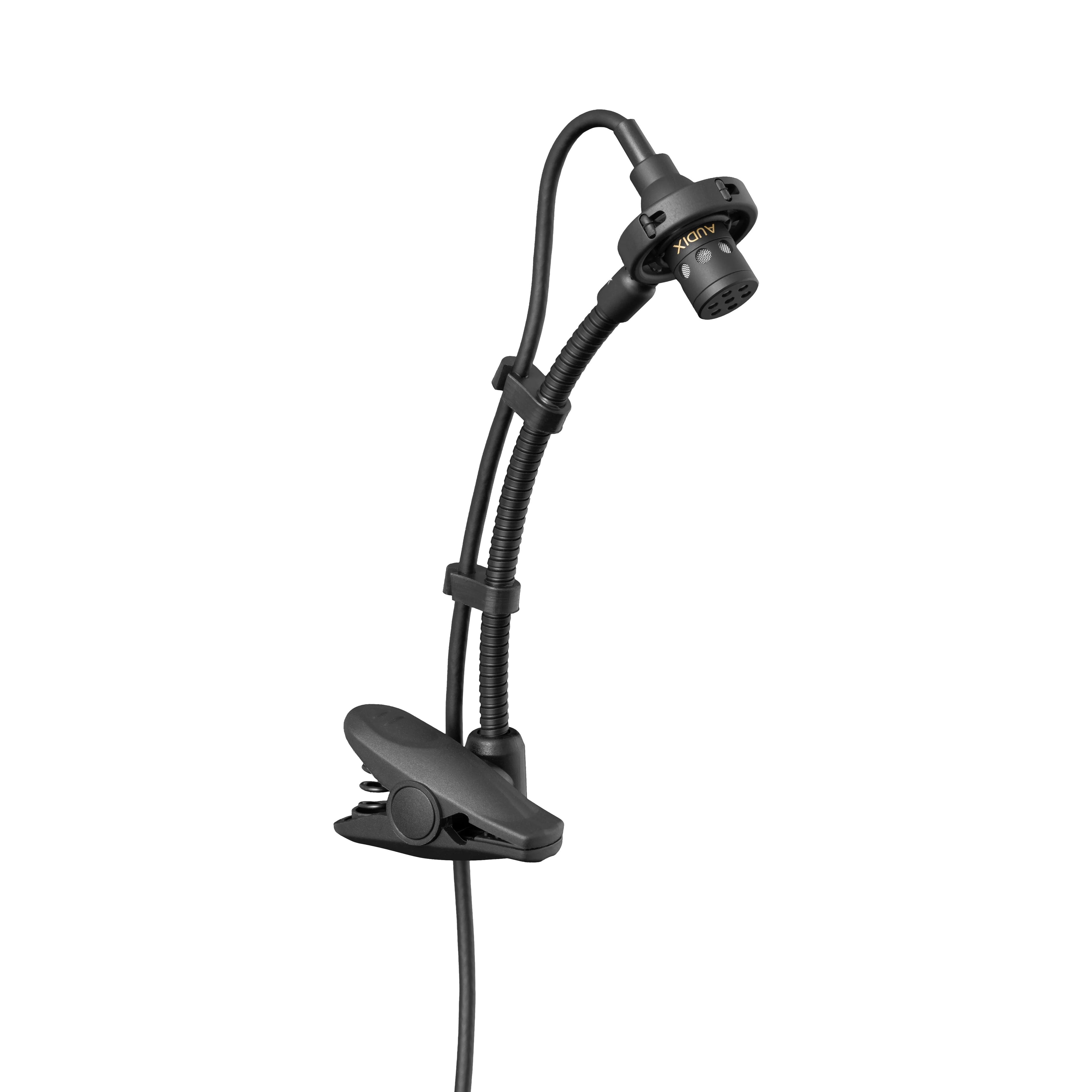 Black microphone with flexible gooseneck and clip, attached cable, showing AUDIX brand name.