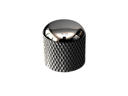 Close-up image of a metallic dome knob with a knurled side surface and shiny top.