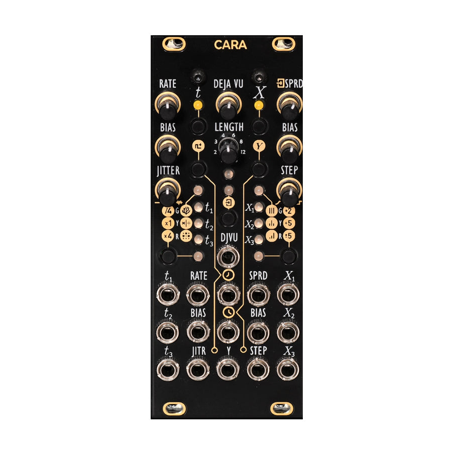 Black modular synthesizer module labeled CARA with multiple knobs, buttons, and 3.5mm jacks arranged in a grid layout.