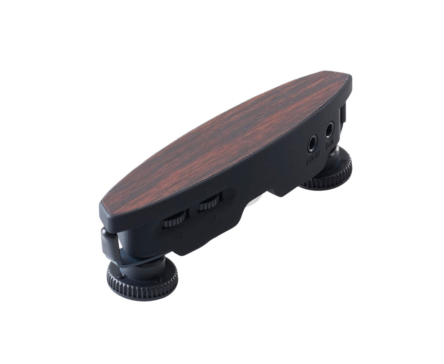 Black and dark brown guitar pickup with volume and external knobs and input/output jacks.