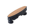 Black and wood-finish guitar pickup with two knobs and two labeled 3.5mm audio jacks on the side.