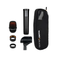 Black microphone components and accessories with a black Sound Devices branded pouch on a white background.
