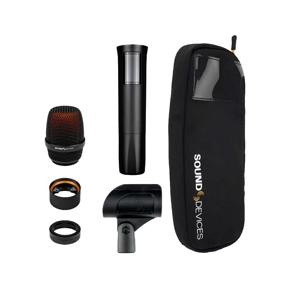 Black microphone components and accessories with a black Sound Devices branded pouch on a white background.