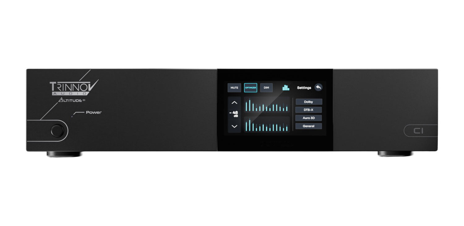 A 2U rack-mount Trinnov AltitudeCI processor with a brushed-aluminium chassis and a dark smoked-glass front panel featuring a small central touchscreen display.