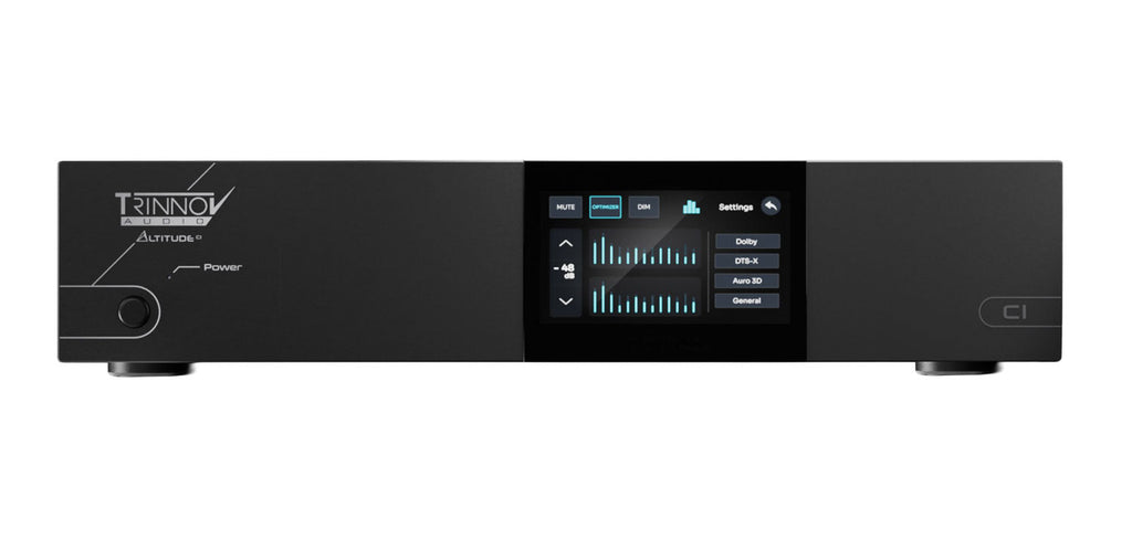 Front view of a black Trinnov Audio Altitude Ci monitor controller with a touchscreen and power button.