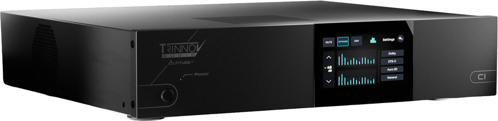 Black audio device with touchscreen display showing audio settings and several control buttons on front panel.