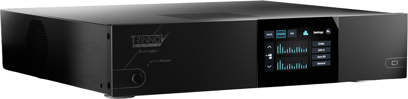 Black audio device with touchscreen display showing audio settings and several control buttons on front panel.