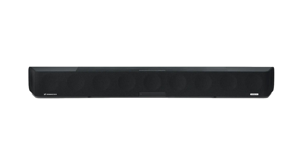 Front view of a long black audio device with fabric covering and SENNHEISER and AMBEO labels